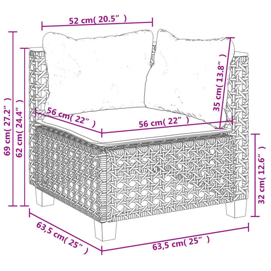 Dimensions of 9 Piece Garden Sofa Set corner chair with cushions, featuring black poly rattan design for outdoor furniture.