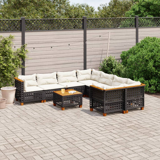 9 Piece Black Poly Rattan Garden Sofa Set with Cushions in Outdoor Patio Setting, Perfect for Relaxing and Entertaining