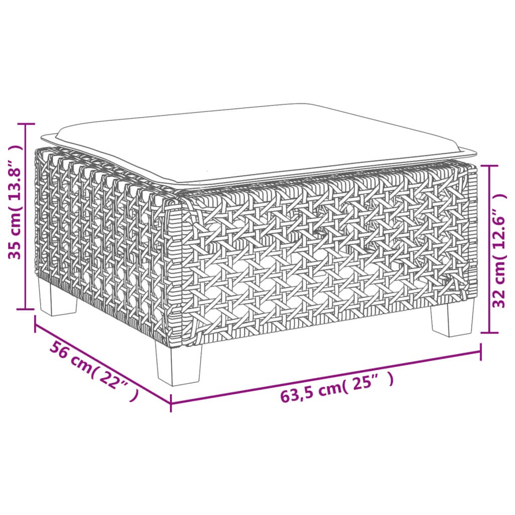 Dimensions of a grey poly rattan garden sofa set ottoman with cushion, showcasing outdoor furniture design features.