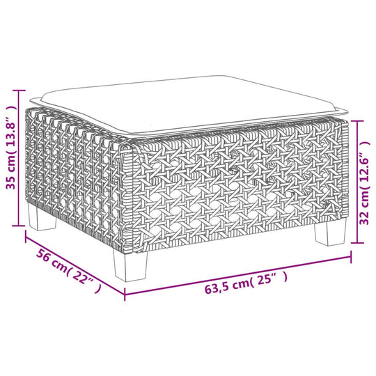 Dimensions of a grey poly rattan garden sofa set ottoman with cushion, showcasing outdoor furniture design features.