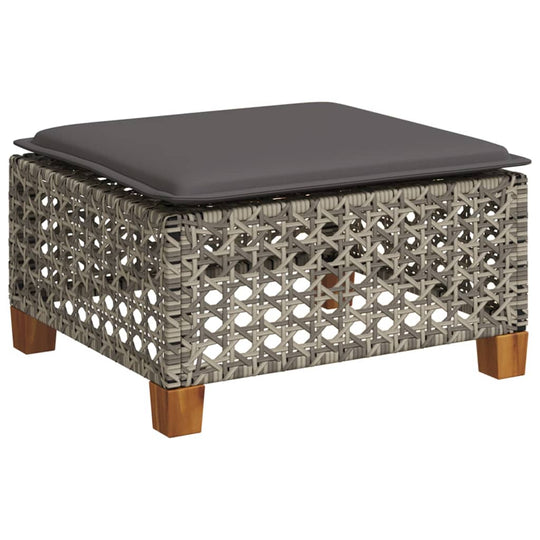 Grey poly rattan outdoor ottoman with cushion, perfect for garden furniture and lounge areas. Ideal for relaxing and entertaining.