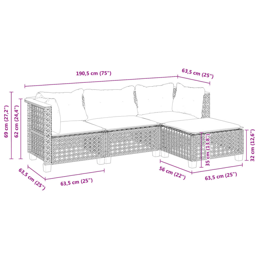 Dimensions of 4 Piece Garden Sofa Set with Cushions in Grey Poly Rattan for outdoor spaces, perfect for lounging and relaxing.