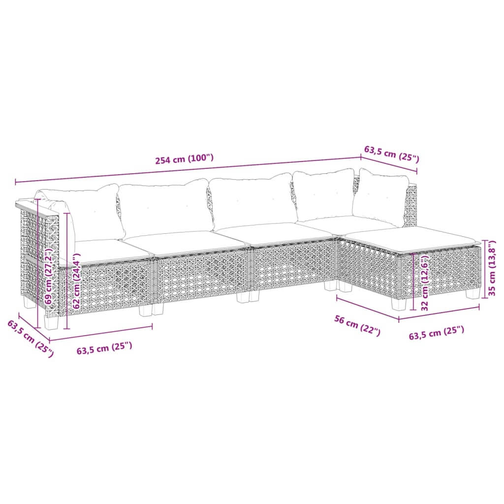 Dimensions of 5 Piece Garden Sofa Set with Cushions in black poly rattan, ideal for outdoor furniture arrangements.