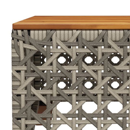 Grey poly rattan garden furniture end table with a wooden top, showcasing intricate weaving details for outdoor spaces.