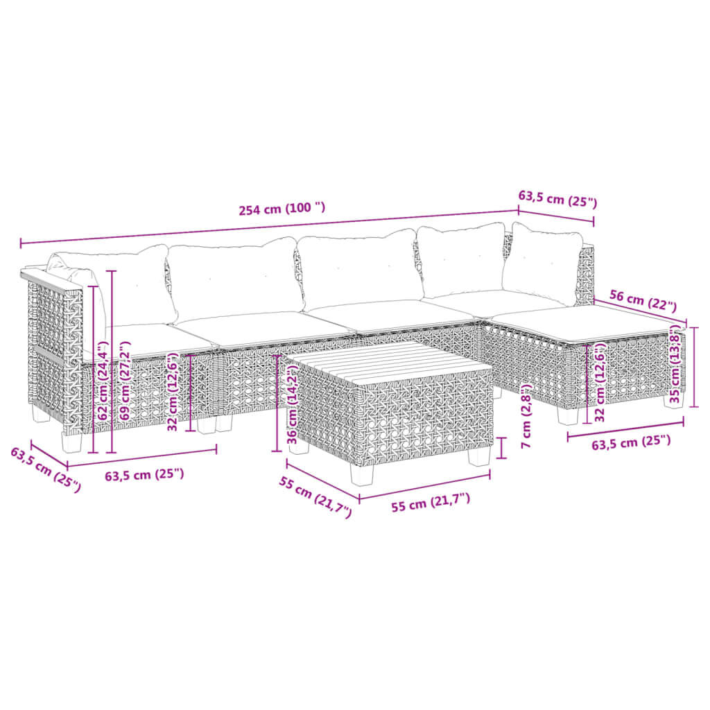 Dimensions of a 6 piece garden sofa set with cushions in grey poly rattan, showcasing layout and measurements for outdoor furniture.