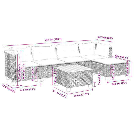 Dimensions of a 6 piece garden sofa set with cushions in grey poly rattan, showcasing layout and measurements for outdoor furniture.