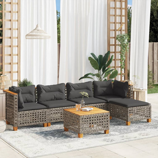 6 piece grey poly rattan garden sofa set with cushions, perfect for outdoor lounge and relaxing spaces.