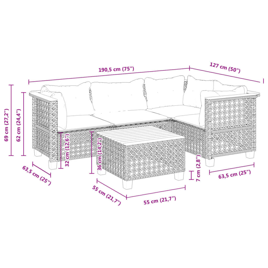 Garden sofa set dimensions with cushions, featuring poly rattan design and measurements for outdoor furniture.