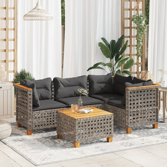 5 Piece garden sofa set in grey poly rattan with cushions, perfect for outdoor lounge and relaxation.