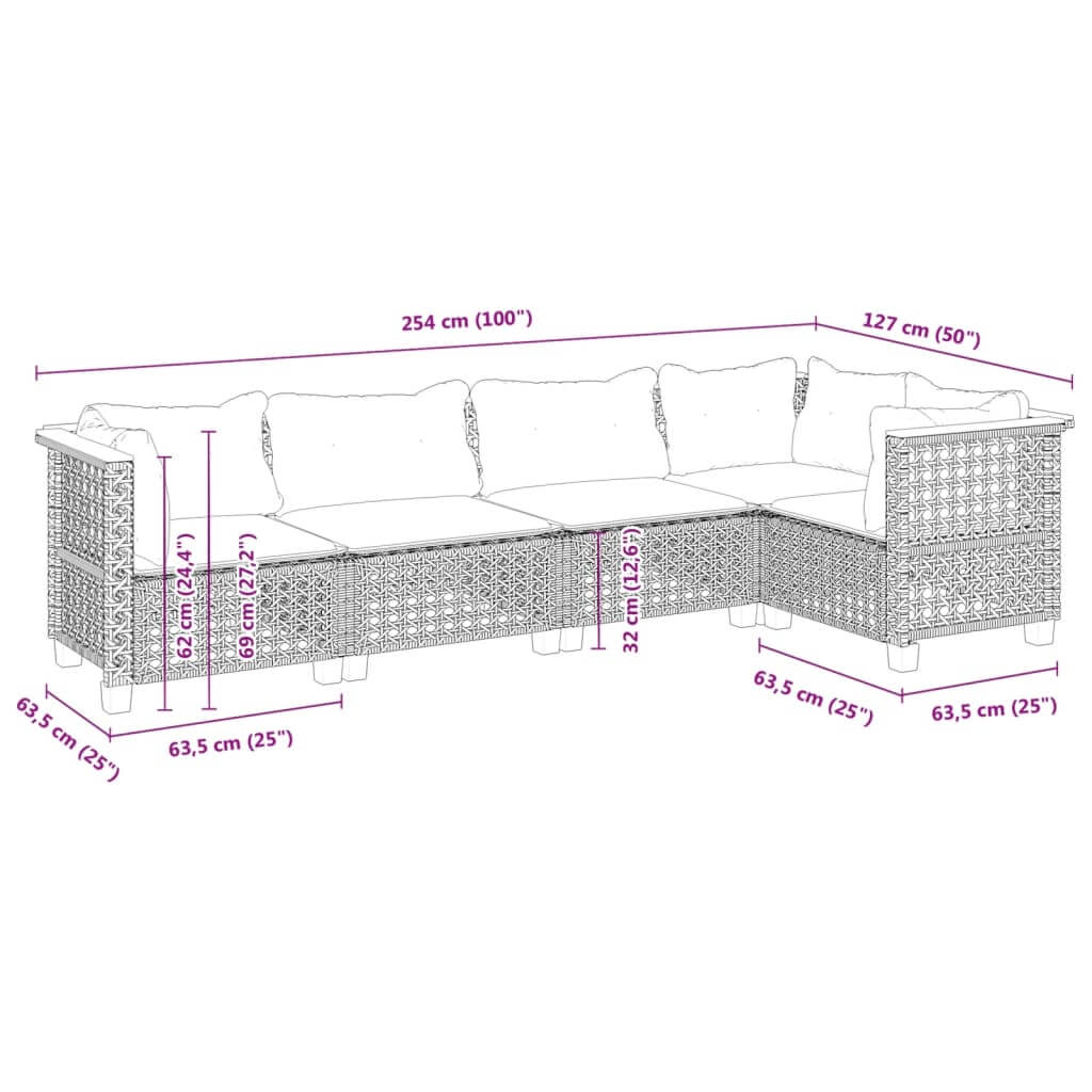 5 Piece Garden Sofa Set dimensions in cm, showcasing grey poly rattan outdoor furniture with cushions for patio lounging.