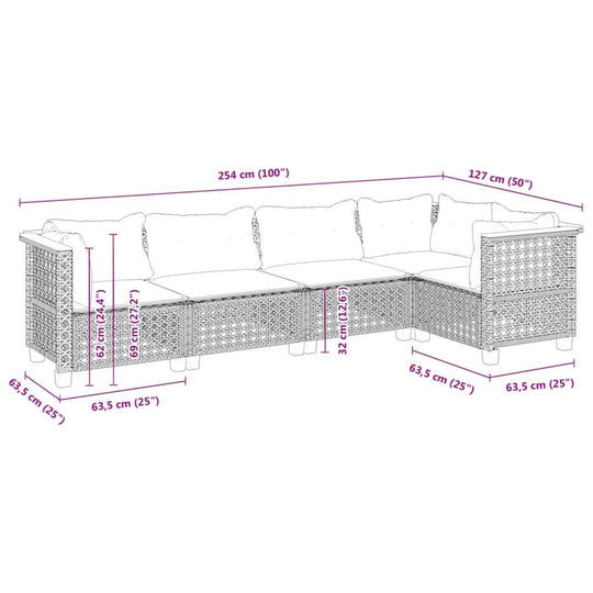 5 Piece Garden Sofa Set dimensions in cm, showcasing grey poly rattan outdoor furniture with cushions for patio lounging.