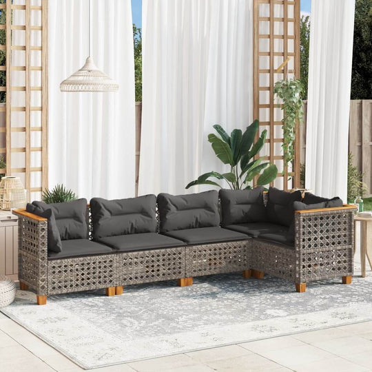 5 Piece Garden Sofa Set in grey poly rattan with cushions, perfect for outdoor furniture and relaxing areas.