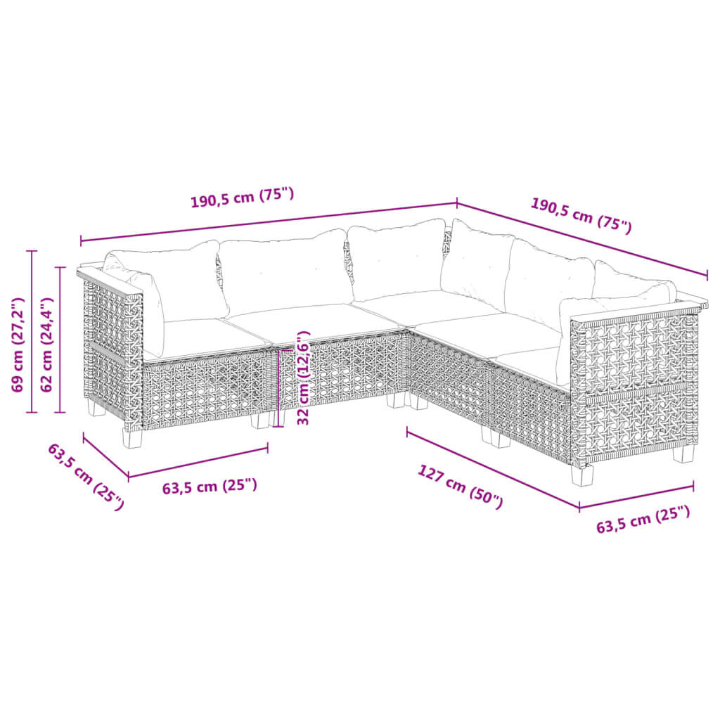 Dimensions diagram of 5 Piece Garden Sofa Set with Cushions in black poly rattan, showcasing its lounge configuration and measurements.