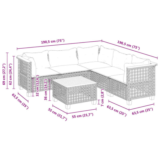 Dimensions of 6 Piece Garden Sofa Set with Cushions in black poly rattan, showing sofa and coffee table measurements.