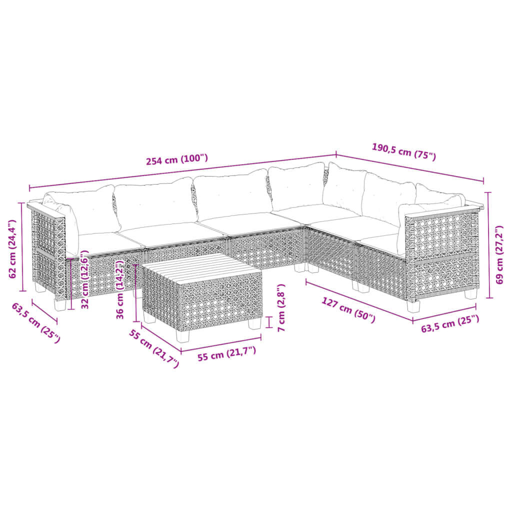 7 piece garden sofa set dimensions in cm with cushions, featuring black poly rattan, ideal for outdoor furniture and lounge areas.