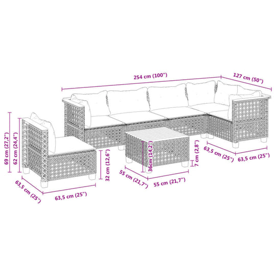 Dimensions of a 7-piece garden sofa set with cushions in grey poly rattan, showcasing layout and measurements for outdoor furniture.