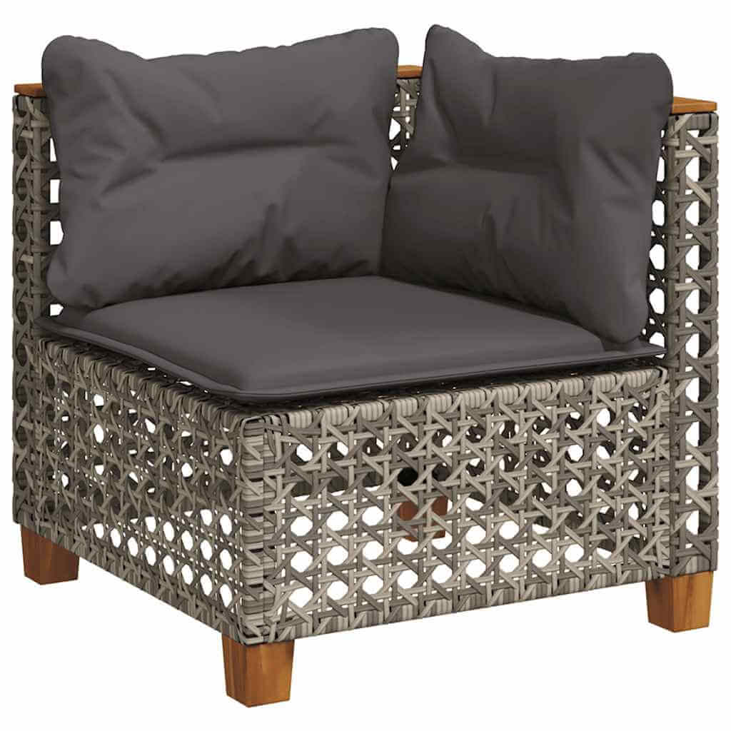 Grey poly rattan corner lounge chair with cushions, perfect for outdoor patio or terrace seating, durable and stylish furniture.