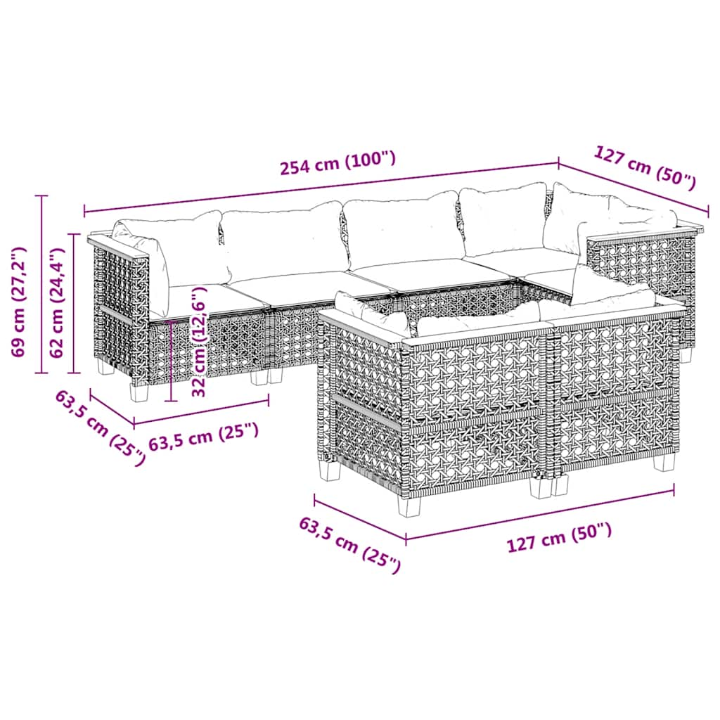 Dimensions of the 7 Piece Garden Sofa Set with Cushions in grey poly rattan, ideal for outdoor furniture.