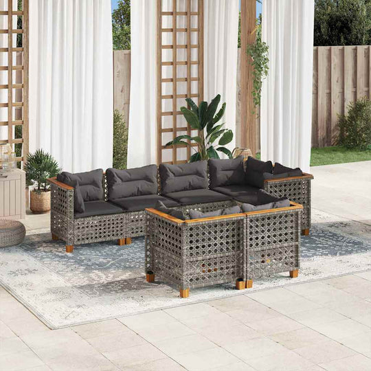 7 piece grey poly rattan garden sofa set with cushions, outdoor furniture for patio or terrace lounging.