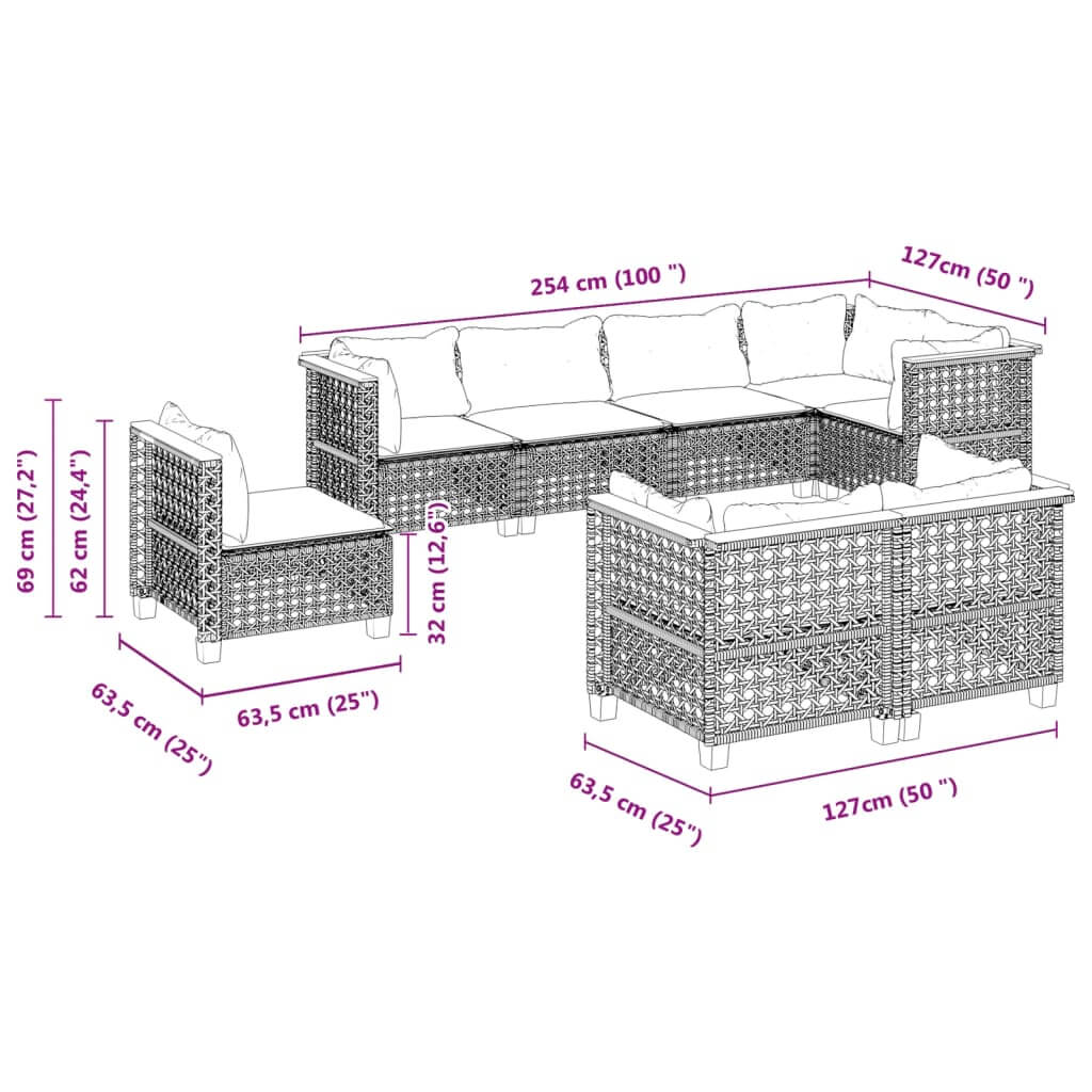 Dimensions of an 8 piece garden sofa set with cushions made of black poly rattan, showcasing outdoor lounge furniture.