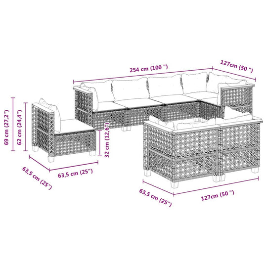 Dimensions of an 8 piece garden sofa set with cushions made of black poly rattan, showcasing outdoor lounge furniture.