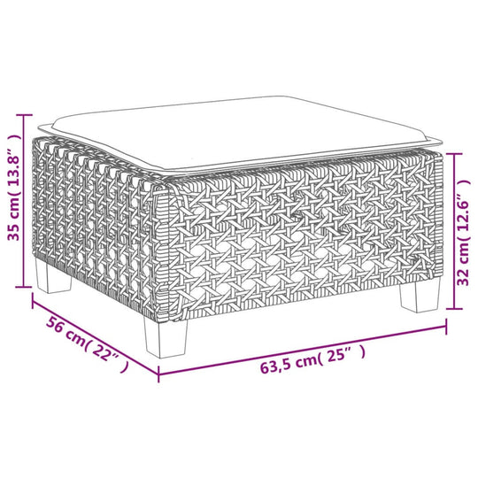 Grey poly rattan garden sofa ottoman with measurements, perfect for outdoor lounge settings.