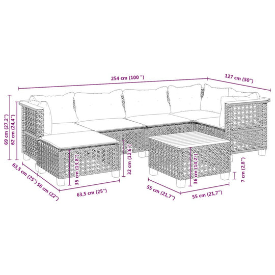 Dimensions of a 7 Piece Garden Sofa Set with Cushions in grey poly rattan, illustrated for outdoor furniture layout.