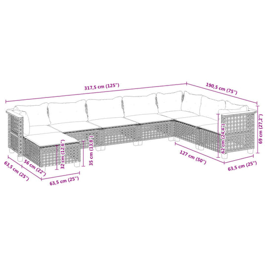 Dimensions of an 8-piece black poly rattan garden sofa set with cushions for outdoor furniture.