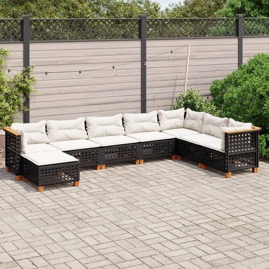 8 piece black poly rattan garden sofa set with cushions, perfect for outdoor lounging and relaxation in patio or backyard.