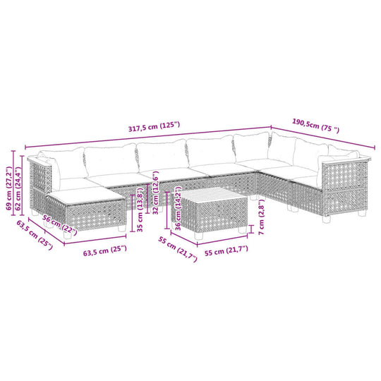 Dimensions diagram of the 9 Piece Garden Sofa Set with Cushions in grey poly rattan, featuring measurements for each piece.