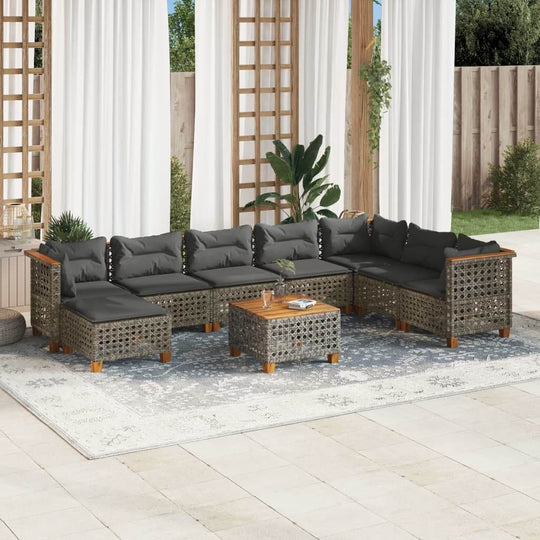 9 piece garden sofa set with grey cushions, poly rattan construction, perfect for outdoor lounging and entertaining.