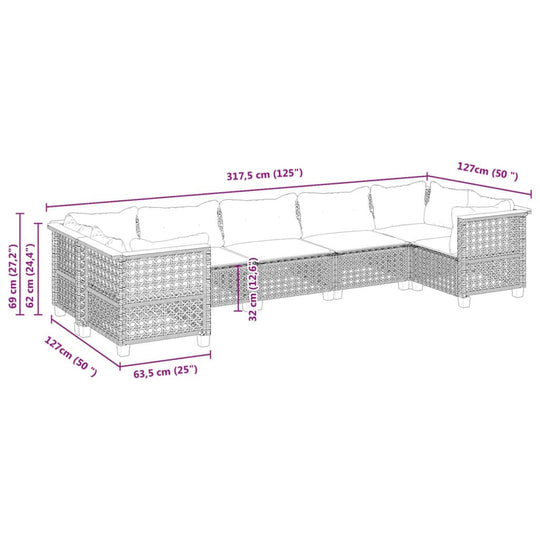 Dimensions of a 7 Piece Garden Sofa Set with Cushions in grey poly rattan, showcasing outdoor furniture design.