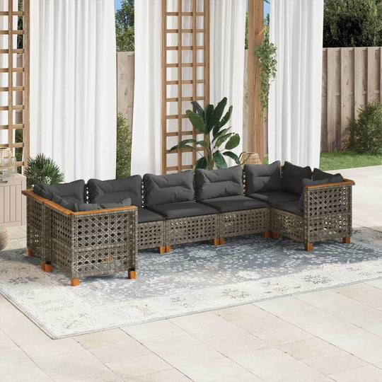 7 piece grey poly rattan garden sofa set with cushions, perfect for outdoor lounging and relaxing.