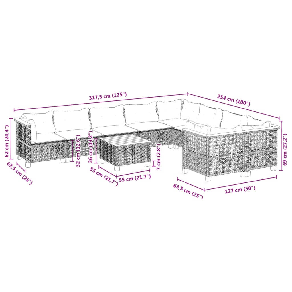 Dimensions diagram of a 10 Piece Garden Sofa Set with Cushions in black poly rattan, showcasing seating arrangement and sizes.