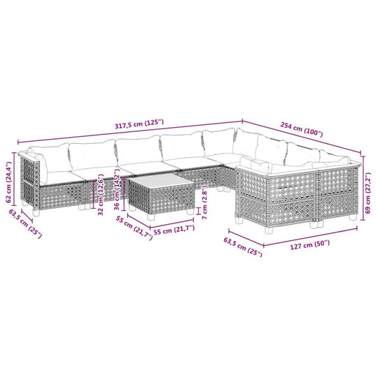 Dimensions diagram of a 10 Piece Garden Sofa Set with Cushions in black poly rattan, showcasing seating arrangement and sizes.