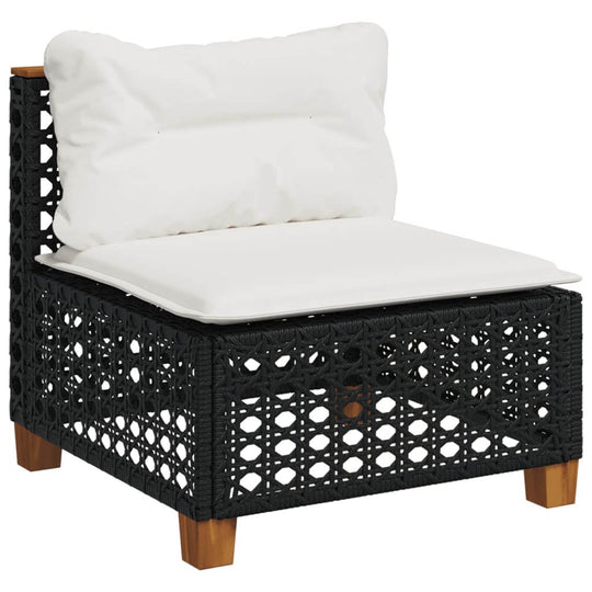Comfortable black poly rattan garden chair with white cushion, ideal for outdoor furniture and relaxation.