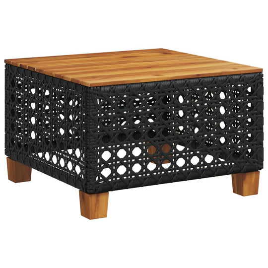 Square outdoor coffee table with woven poly rattan sides and a wooden top, perfect for garden furniture.