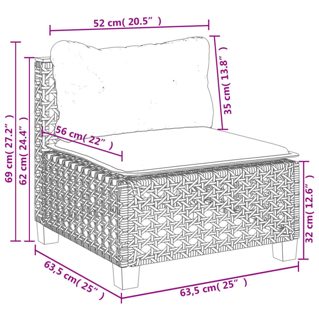 Dimensions diagram of an outdoor garden sofa chair, featuring cushioned seat and backrest, made of poly rattan.