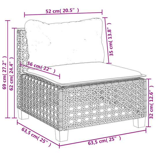 Dimensions diagram of an outdoor garden sofa chair, featuring cushioned seat and backrest, made of poly rattan.