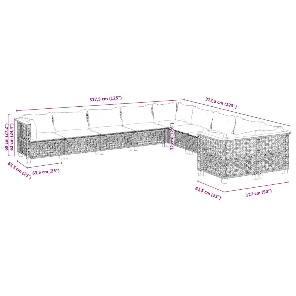 Dimensions of a 10 piece garden sofa set with cushions in black poly rattan, showcasing its layout and measurements.