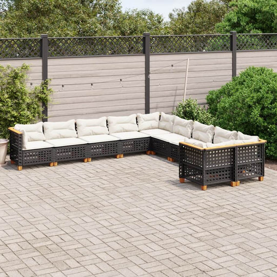 10 piece black poly rattan garden sofa set with cushions arranged in a patio layout, perfect for outdoor furniture.