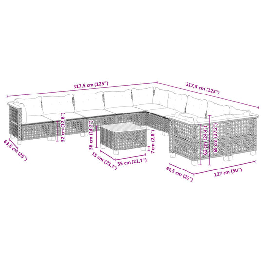 Dimensions of 11 Piece Garden Sofa Set with Cushions, featuring black poly rattan, ideal for outdoor furniture and lounging.