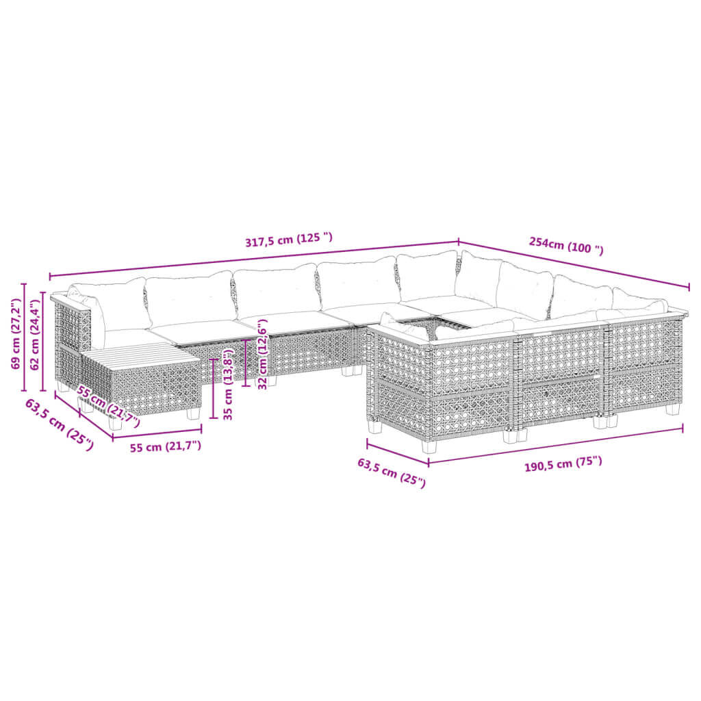 Dimensions of 11 Piece Garden Sofa Set with Cushions in Grey Poly Rattan, showcasing seating arrangement and measurements.