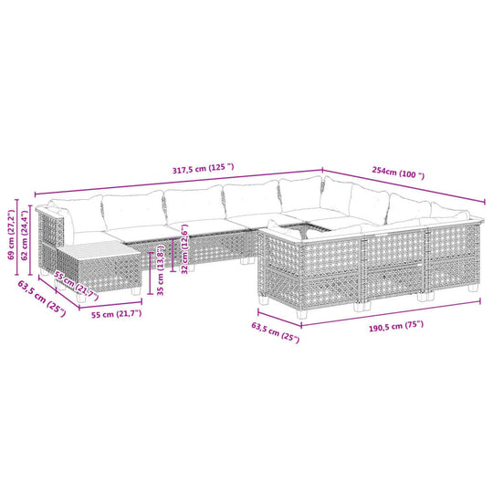 Dimensions of 11 Piece Garden Sofa Set with Cushions in Grey Poly Rattan, showcasing seating arrangement and measurements.