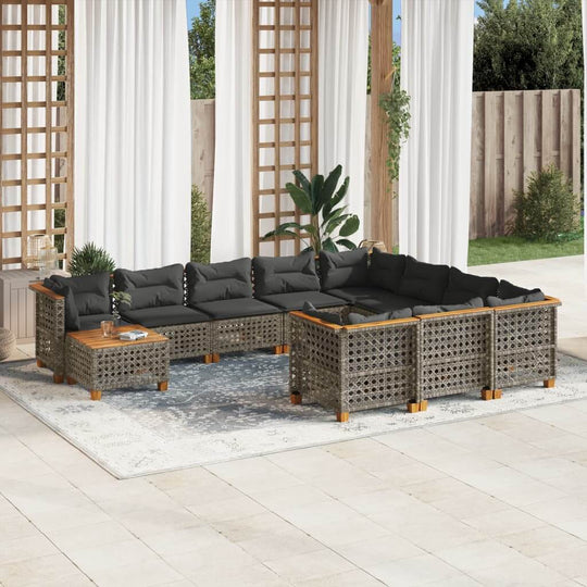 11 Piece Garden Sofa Set with Grey Cushions and Natural Wood Accents in Outdoor Patio Setting