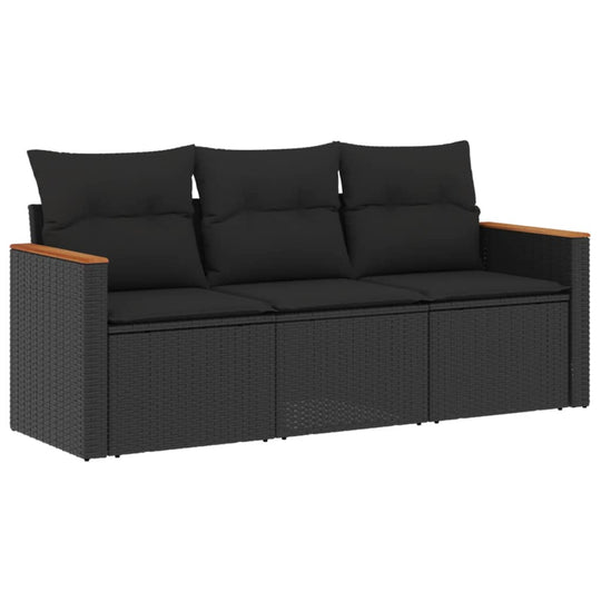 3 Piece Garden Sofa Set with Cushions Poly Rattan in black, stylish design for outdoor relaxing.