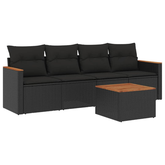 5 Piece Garden Sofa Set with Cushions Poly Rattan, featuring a stylish design in black with a wooden side table.