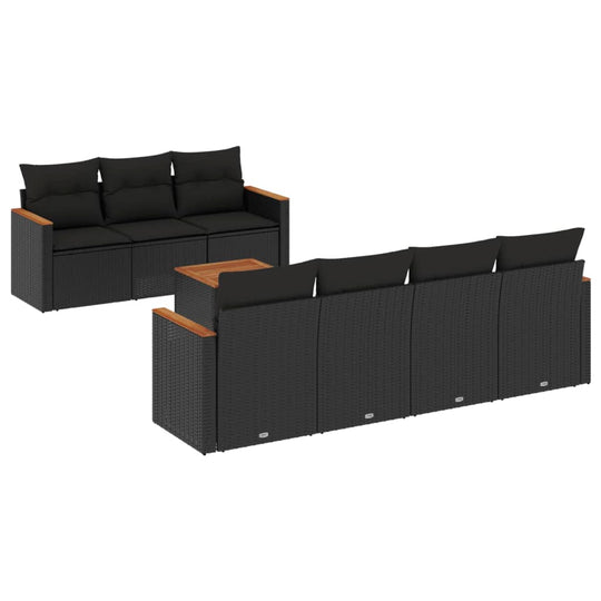 8 Piece Garden Sofa Set with Cushions Poly Rattan in black with wooden accents, perfect for outdoor relaxation.
