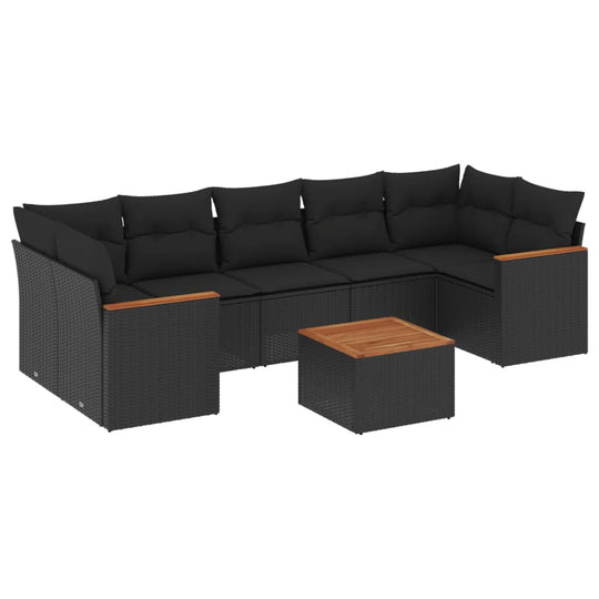 8 Piece Garden Sofa Set with Cushions Poly Rattan in black with wooden coffee table, ideal for outdoor spaces.