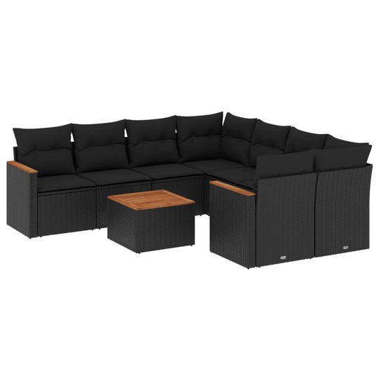 9 Piece Garden Sofa Set with Cushions Poly Rattan in black with a wooden coffee table.